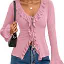 ZESICA Womens 2026 Fall Tie Front Bow Cardigan Sweaters Long Bell Sleeve V Neck Ruffled Knit Cropped Trendy Tops (Small, Pink)