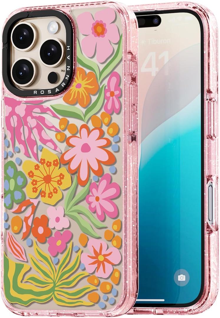 Rosarnnah for iPhone 16 Pro Max Case Cute - Durable Shockproof 6.6 ft Drop Impact Phone Case - Funny Passion Flower Design (6.9") Glitter Pink