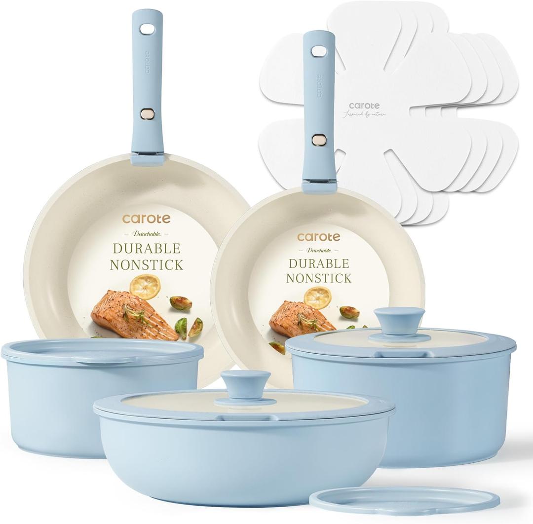 CAROTE Pots and Pans Set, Nonstick Cookware Set Detachable Handle, 15pcs Induction Kitchen Cookware Sets Non Stick with Removable Handle, RV Cookware Set, Oven Safe, Blue