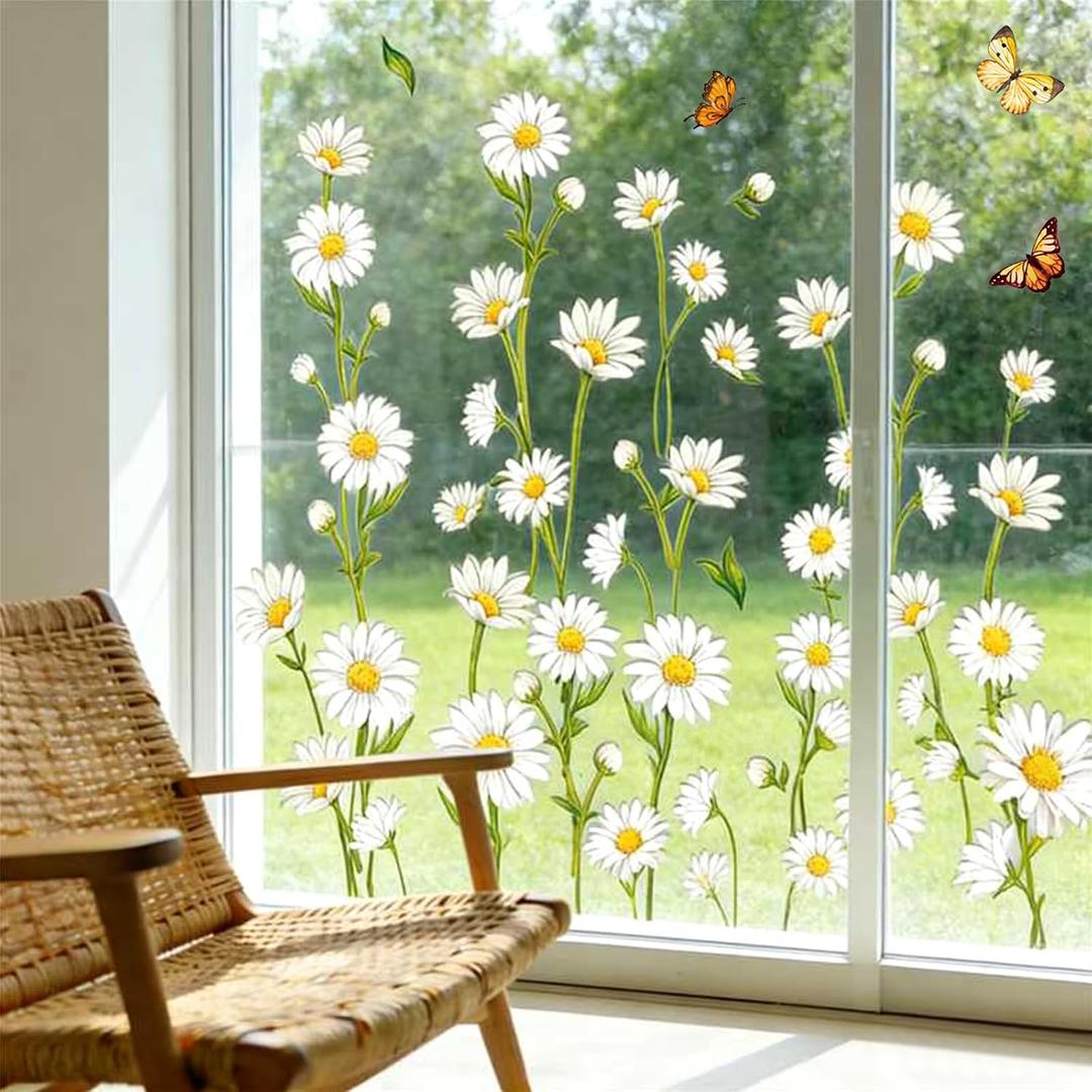 3 x JarThenaAMCS Extra Large Spring Daisy Window Clings White Floral Butterfly Window Stickers Double-Sided Summer Flower Glass Decals for Classroom Home Office Party Decor, 2 Rolls,11.8 x 35.4 Inch