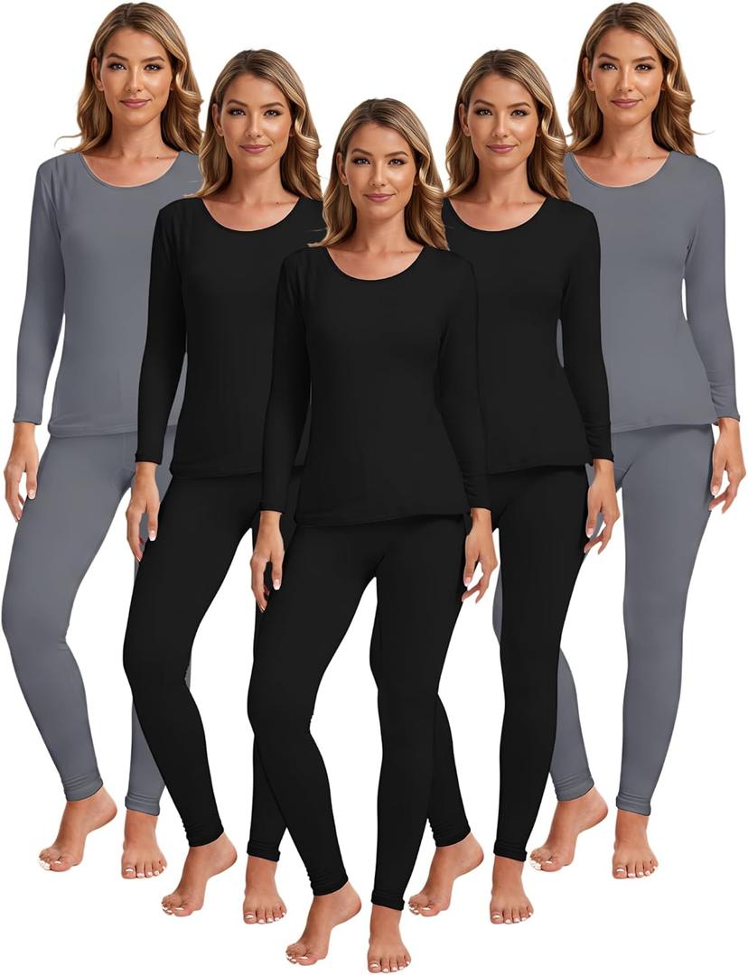 Patelai 5 Set Women Thermal Underwear Sets Fleece Lined Thermal Underwear Winter Warm Base Layer Top and Bottom (X-Large, 3 Black, 2 Gray)
