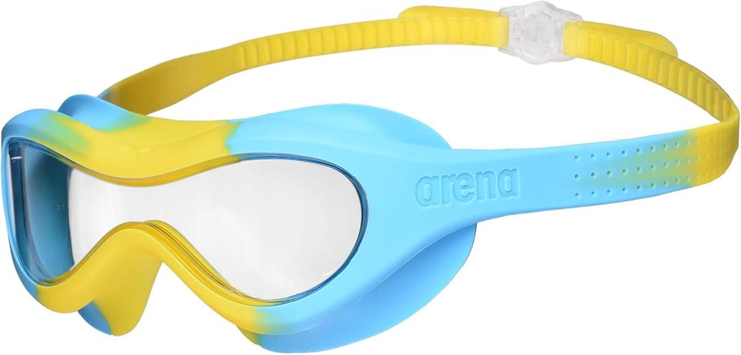 ARENA Unisex Kids Spider Swim Mask Boys and Girls Ages 2 to 5, Anti-Fog Non-Mirror Lens, Easy to Use Strap Wide View Snug Fit (Clear/Yellow/Lightblue)