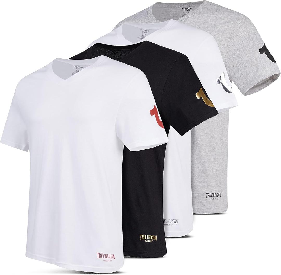 True Religion Mens Undershirts 4 Pack Lightweight Mens Undershirt, 100% Cotton (Large, White/White/Heather Grey/Black)