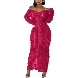 LETSVDO Women's Maxi Off Shoulder Dress Long Sleeve Button Down Ruffle Mesh Bodycon Sexy Dresses Stretchy (Pink, XL)