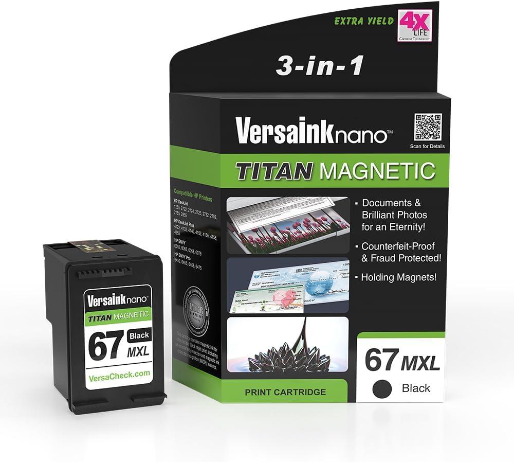 VersaInk-Nano HP 67 MXL Titan-Magnetic (MICR 3-in-1) Black Ink Cartridge Replacement of HP 67 and 67 XL, Works with HP DESKJET 2723,2734,2755,2855,4133,4155,4255, Envy 6055,6075,6455,6475