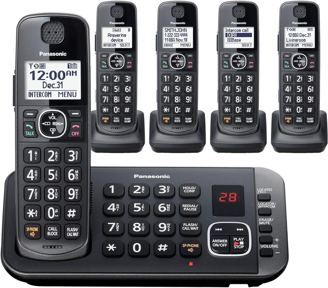 Panasonic DECT 6.0 Expandable System, Cordless Phones With Answering Machine and Call Blocking - 5 Cordless Phones 5 Handsets - KX-TGE645M (Metallic Black)