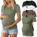 Huukeay 4 Pack Women's Maternity Shirts, V Neck Maternity Top Short Sleeve Casual Cotton Tee Side Ruched Pregnancy Clothes, Size: Large