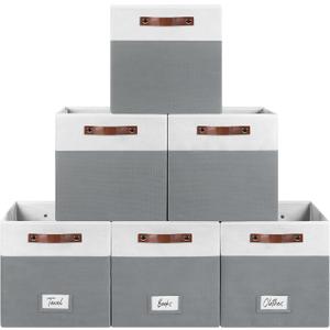FinishingBo 6-Pack Storage Cubes with Handles & Label Holders Basket, Closet Cube Home Organizer Bins(White/Dark Grey, 13 x 13 x 13 inch)