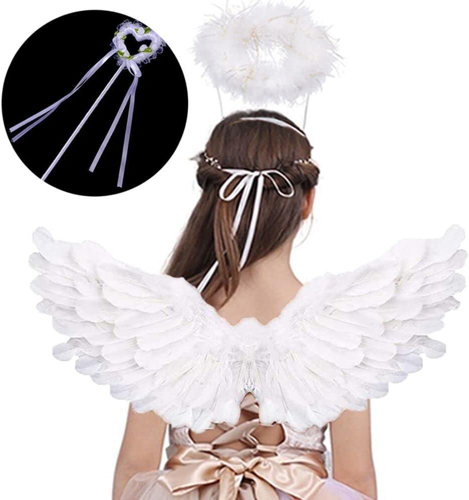 Angel Feather Wings and Halo Headband for Cosplay Party Costumes, Dress up Fancy Costume for Girls Women (White)