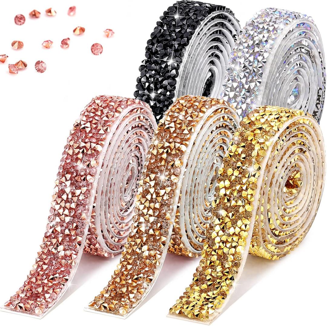 Xinnun 5 Rolls Bright Colors Self Adhesive Rhinestone Ribbon Crystal Shiny Rhinestone Strips Ribbon Resin Diamond Glitter Trims for Art Craft DIY Party (Basic Style)