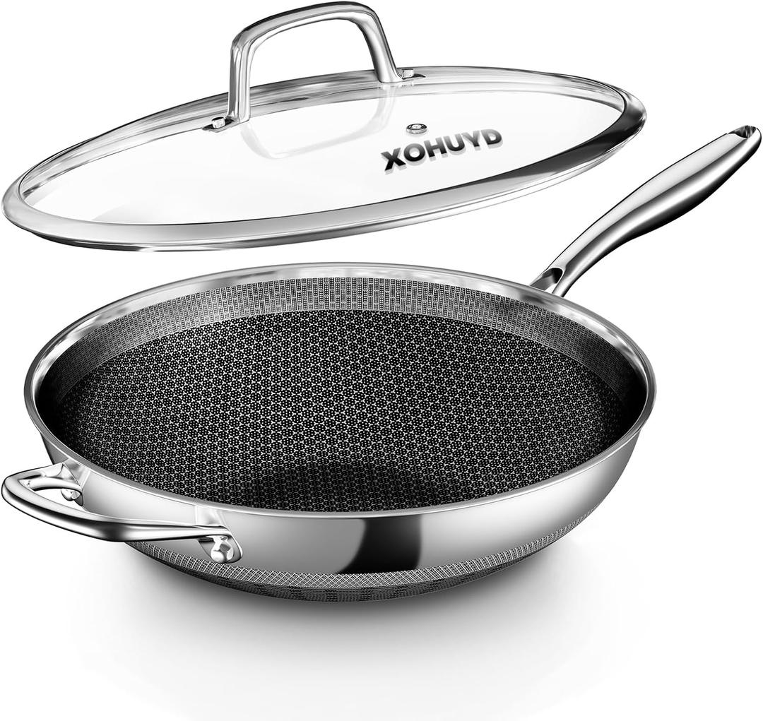 Wok Pan, 13-Inch Stainless Steel Woks & Stir-Fry Pans Nonstick, Wok Pan with Lid for Induction, Electric, Gas, Halogen, All Stoves, Professional PFOA Free Cookware, Dishwasher & Fast Heat