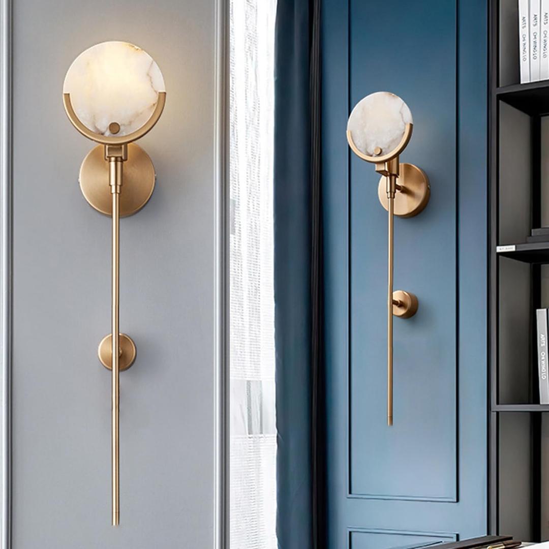 Alabaster Wall Sconces 23.6" Mid Century Modern Wall Light Brass Double Discs Natural Marble Sconce Wall Decor Gold Wall Lamp for Living Room Bedroom Hallway Entryway (E12 Bulb Included) Alabaster Wall Sconces 23.6" Mid Century Modern Wall Light Brass Double Discs Natural Marble Sconce Wall Decor Gold Wall Lamp for Living Room Bedroom Hallway Entryway (E12 Bulb Included)