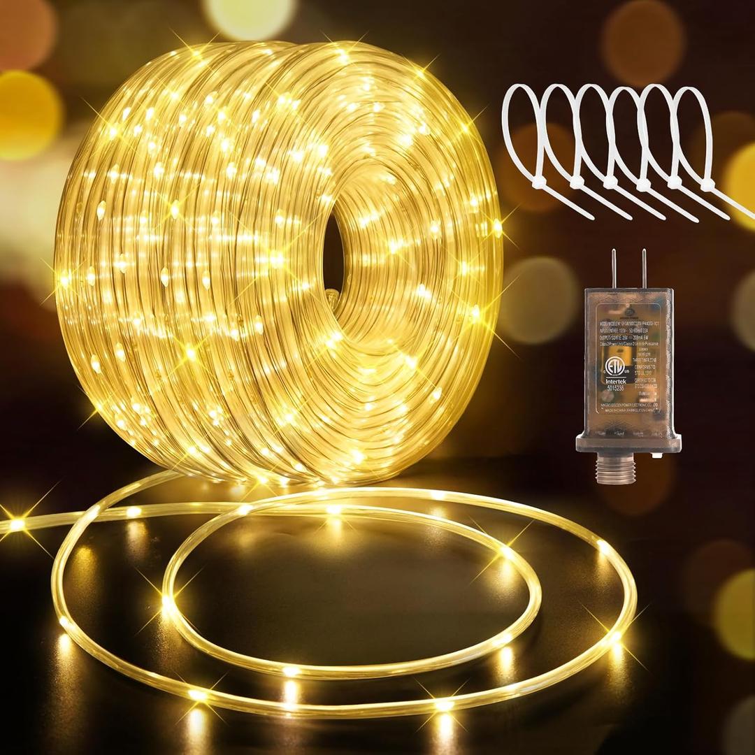 Hezbjiti LED Rope Lights 197FT Waterproof Rope Light 600 LED Flexible Tube Lights Plug in with 8 Modes for Garden Patio Bedroom Party Indoor Outdoor Decorations