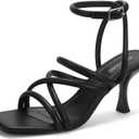Carcuume Women's Square Toe Strappy Lace Up Heeled Sandals Ankle Buckle Kitten Heel (8.5, Black Pu)