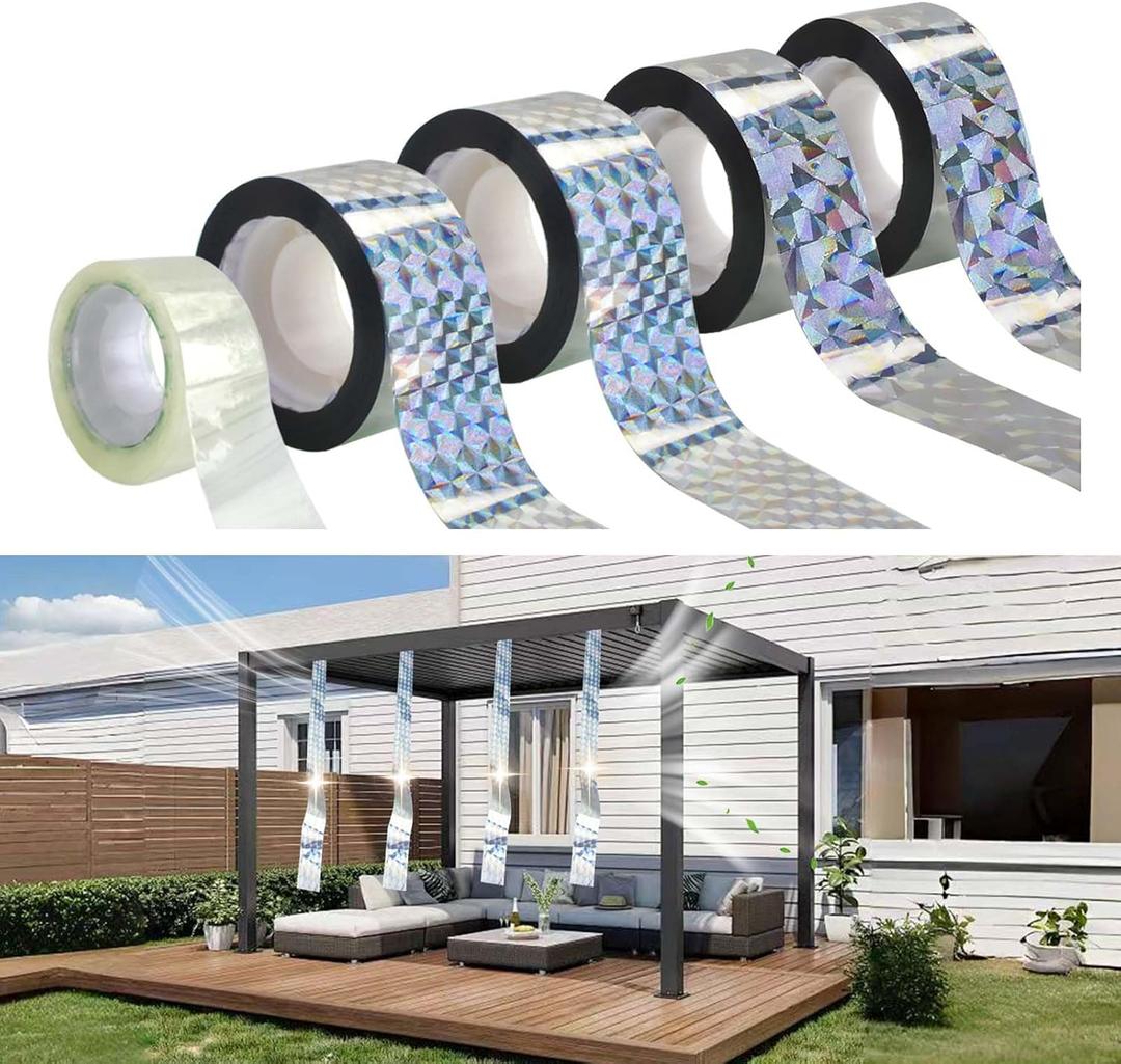 Sankoly 4 Roll 164 ft Dual-Sided Reflective Bird Scare Tape Keep Birds Away with 1 Roll 82 ft Transparent Tape, Bird Repellent Tapes for Garden Patio Orchard, 2 Patterns