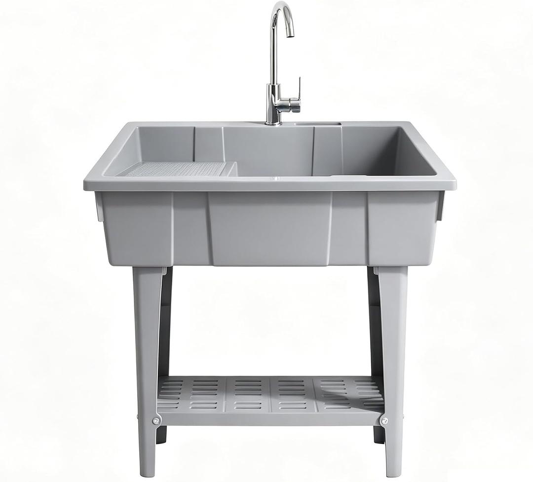 Portable Utility Laundry Sink with Washboard & Hose Hookup, Freestanding Outdoor Plastic Tub for Washing Room, Garage, Pet Wash, Garden – Lightweight & Easy to Use, One Size
