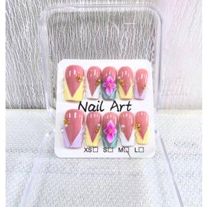 Medium Square Press on Nails Handmade Fake Nails Pink French Tip with 3D Flower Designs Pearl Charm luxury Glossy Cute Acrylic Nails for Women 10pcs (Size M）