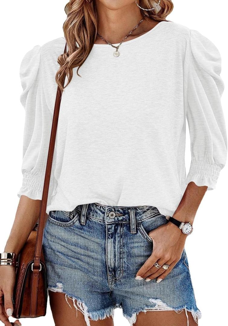Tankaneo Womens 3/4 Length Sleeve Tops Dressy Casual Blouse Puff Sleeve Cute Trendy T Shirts with Smocked Cuffs (White, L)