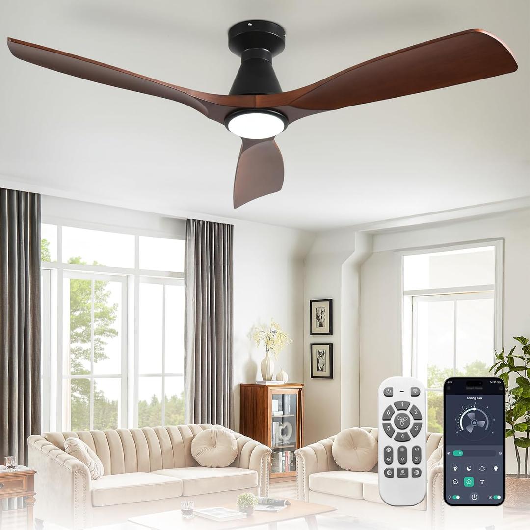 Depuley 52-Inch Ceiling Fans with Lights: Walnut 3 Blade Flush Mount Low Profile Ceiling Fan for Bedroom - Dimmable Indoor Outdoor Fan with Remote APP Control Ultra Quiet DC Motor Timer