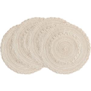 Floroom 15 Inch Round Braided Placemats Set of 4, Washable Heat Resistant Cotton Polyester Circle Boho Place Mats for Kitchen Dining Table - Canvas Beige Bordered
