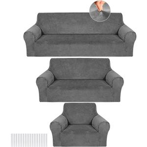 Peryiter 3 Pcs Couch and Loveseat Sofa Covers,Dark Gray,Velvet