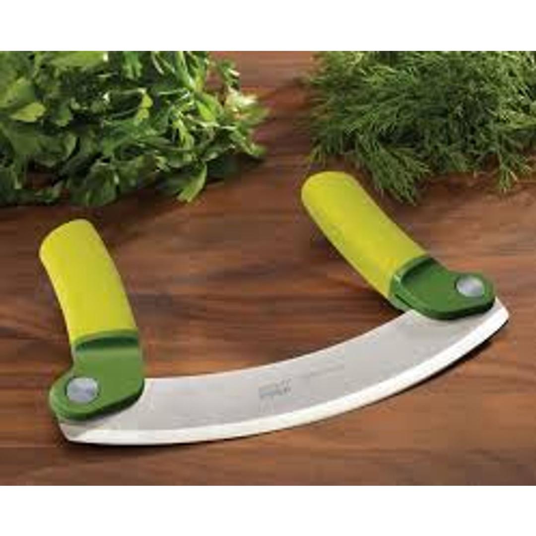 Joseph Joseph 8 Inch Stainless Steel Mezzaluna Knife - Salad Chopper Rocker Pizza Cutter Rocker Knife Curved Blade Sharp Blade Double Handle Fruit Vegetable Mincing Knife
