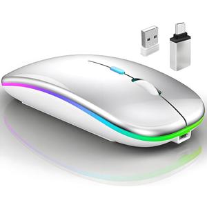 Wireless Bluetooth Mouse for MacBook Air/Mac/Pro/Laptop/Computer/PC, Rechargeable Dual Mode Switch Mouse Bluetooth 5.2/3.0 and 2.4GHz USB Receiver (Silver)