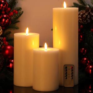 Retisee 3 Pcs Fall Thanksgiving WhiteLarge Flameless LED Battery Operated Candles with Remote Pillar Flameless Flickering Candles for Indoor Outdoor Party Wedding Light Decor(6''/8''/12'' x 4'')