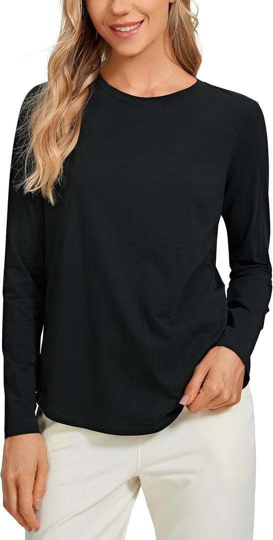 CRZ YOGA Pima Cotton Crewneck Long Sleeve Shirts for Women - Workout Athletic Yoga Casual Tops Soft Plain T-Shirt (Small, Black)