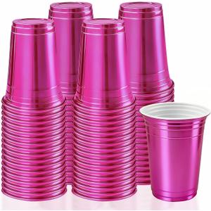 100 Count Metallic Pink Plastic Cups - 16 oz Disposable Plastic Party Cups for Easy Cleanup and Large Gatherings, Assorted Colors Cups for Birthdays, Parties, Christmas and Everyday