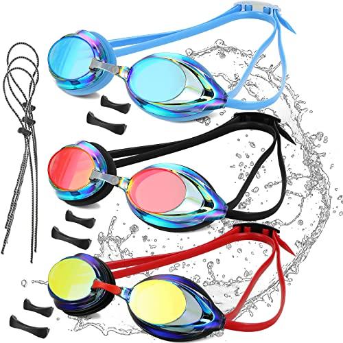 Landhoow 3 Pcs Adult Swimming Goggles for Men Women Anti UV Fog Race Mirrored Goggles with 6 Nose Bridge and 3 Bungee Straps(Colorful)