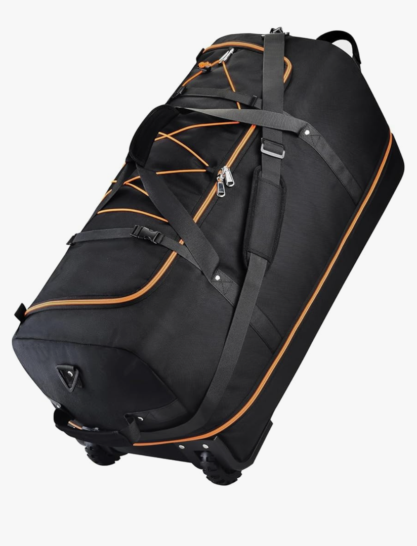 Rolling Duffle Bag with Wheels,110L/140L Expandable Soft-Sided Foldable Duffle Bag with 2 Rubber Wheels,Packable 32” Rolling Carry-On with Multi-Pockets & Compartments (Black Orange)