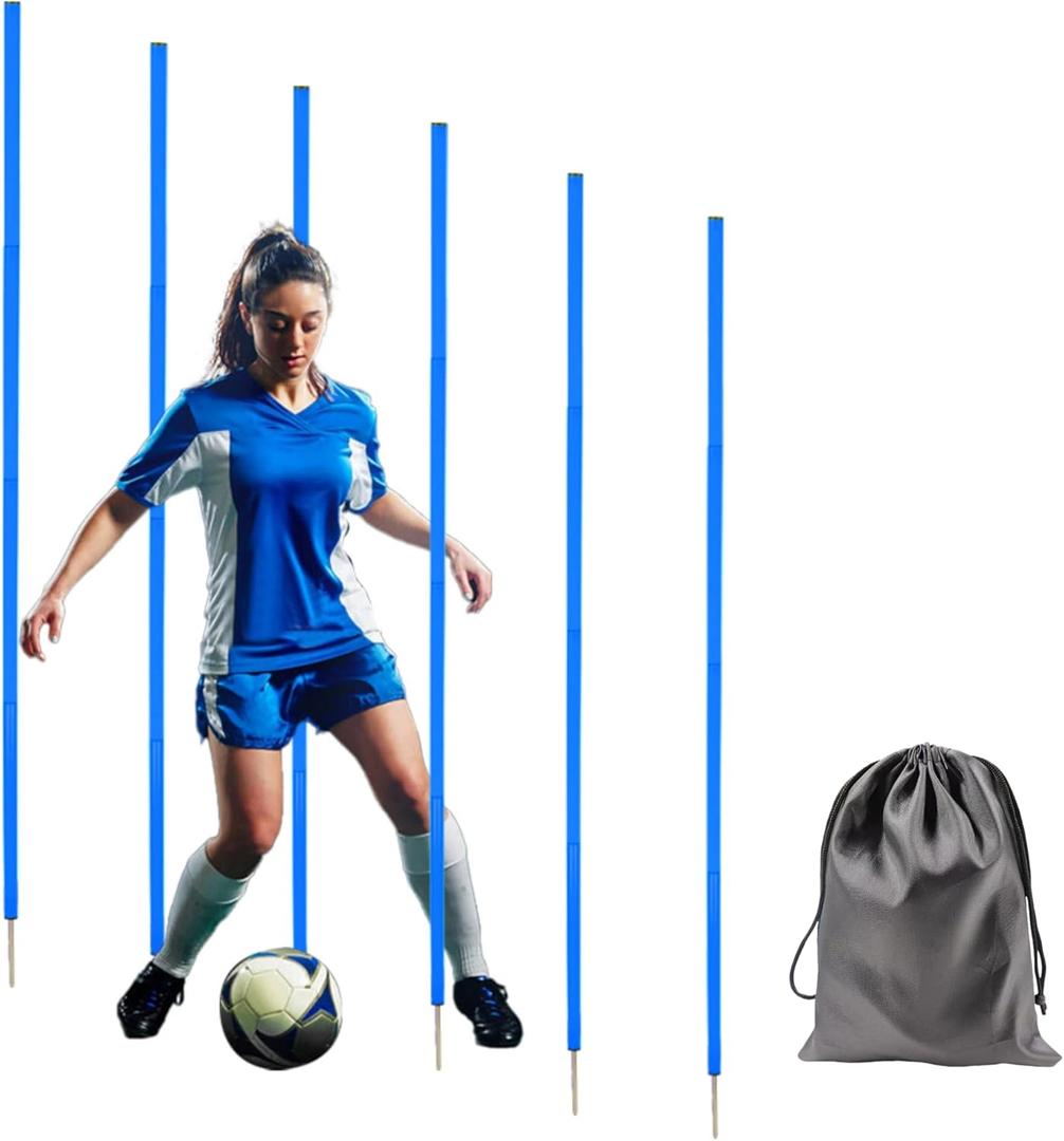 6 Pcs 5FT Adjustable Agility Training Poles for Soccer,Basketball,Football,Dog,Horse Training-Speed and Agility Training Equipment Sports Training Sticks with Stainless Steel Ground Nails (Blue)