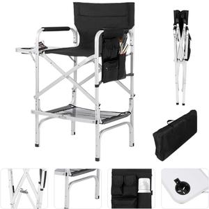 Professional Tall Makeup Chair with Folding Side Table & Storage, Portable and Sturdy Directors Chair for Makeup Artists & Beauty Enthusiasts (44.9 inch, Silvery)