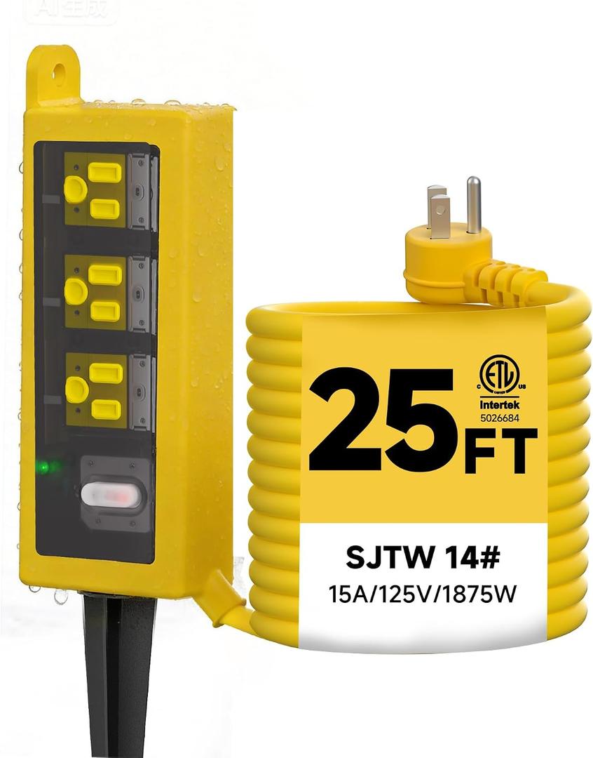 Outdoor Power Strip Weatherproof, 3 AC Outlets, 25FT Extension Cord