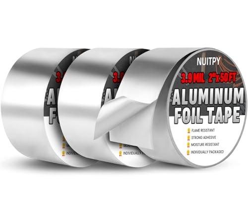 NUITPY 3 Pack Aluminum Foil Tape, 3.9 mil 2" x 150 Feet Total Foil Tape, Silver High Temperature Tape, Metal Tapes, Seal HVAC Tape, Insulation Foil Tape for Ductwork, HVAC, Dryer Vent, Seal
