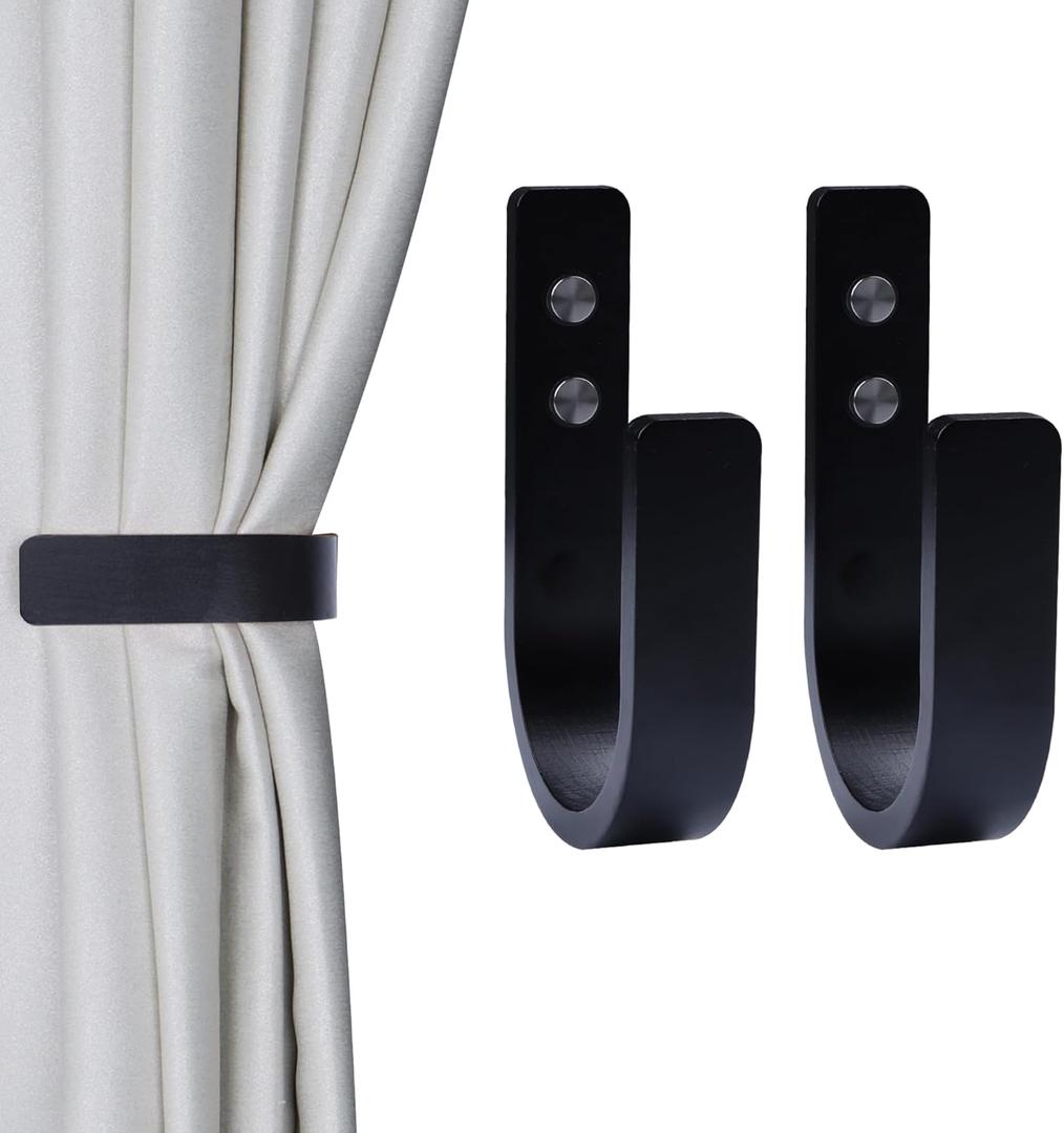 OCIOLI 2 Pack Curtain Tiebacks Wood Curtain Holdbacks U Shaped Curtain Hooks Curtain Tie Backs Wall Mount Curtain Holder Curtain Pull Backs Tie Backs for Curtains (Black, 2)