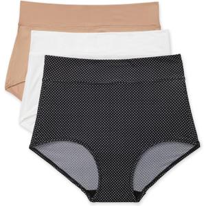 Warner's Women's Blissful Benefits No Muffin Top 3 Pack Brief Panty (X-Large, White/Toasted Almond/Black and White Pin Dot)
