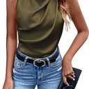SOLY HUX Women's Sleeveless Satin Blouses Solid Draped Round Neck Summer Tops (X-Large, Plain Army Green)