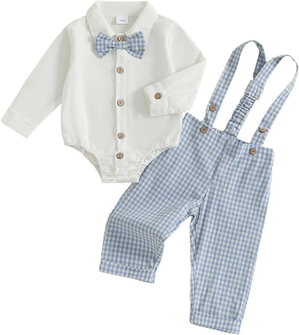 Baby Boy Clothes Set Infant Bow Tie Button Down Shirt Bodysuit Top Suspender Pants 2Pcs Fall Winter Outfit, Size: 3-6 Months