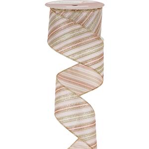 MEEDEE Pink Diagonal Striped Ribbon 2.5 Inch Blue Satin with Rose Gold and Champagne Glitter Wired Ribbon for Christmas Tree, Garlands, Wreaths, Topper Bow (10 Yards)