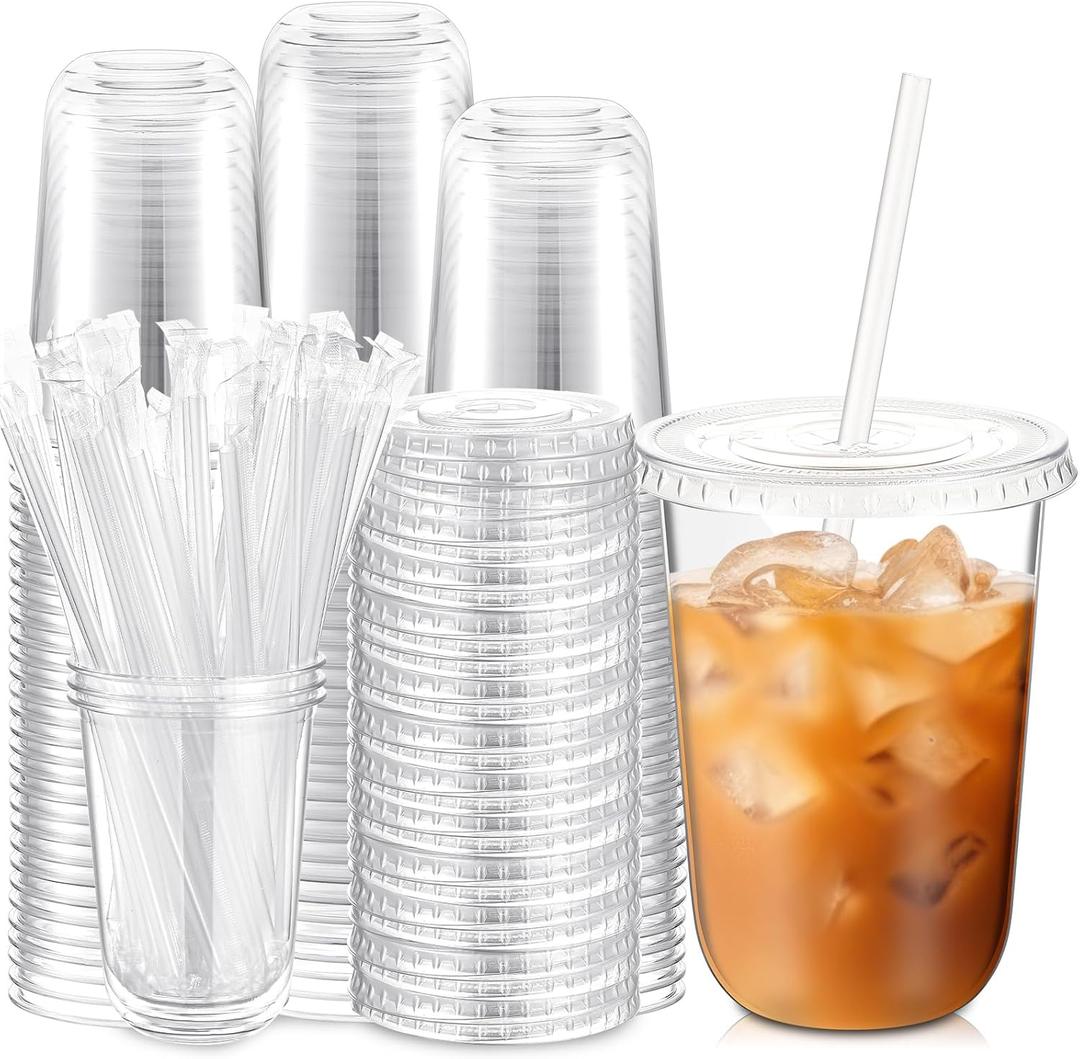 100 Sets Clear Plastic Cups with Lids and Straws, Disposable Iced Coffee Cups Clear Drinking Cups for Cold Drinks, Juice, Smoothie, Pet Cup for Coffee Shops, Party, Christmas(16 oz)