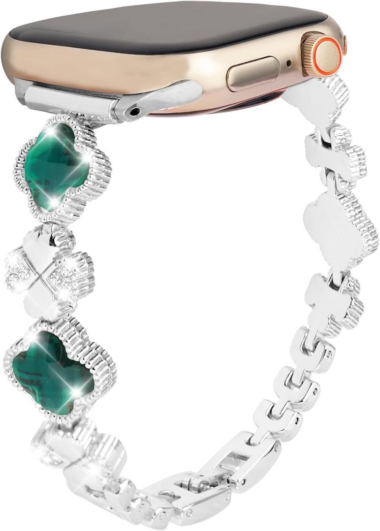 Bling Metal Band Compatible for Apple Watch Band 38/40/41/42/44/45/46/49mm, Women Clover Bracelet with Rhinestone for iWatch Series 10/9/8/7/6/5/4/3/2/1/SE (Silver Band with Green Diamonds)