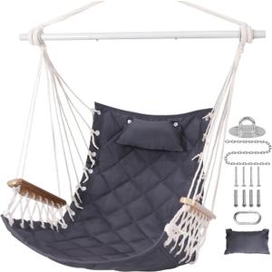 Hammock Chair Hanging Swing with Wooden Armrests;Steel Spreader Bar,Pillows,Hardware kit Included;Cotton Woven Fabric;Up to 350 Lbs,for Indoor or Outdoor (Dark Grey)