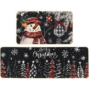 Snowman Christmas Trees Snowflake Christmas Kitchen Mats Set of 2, Black Winter Holiday Home Decor Kitchen Rugs for Floor 17x29 and 17x47 Inch