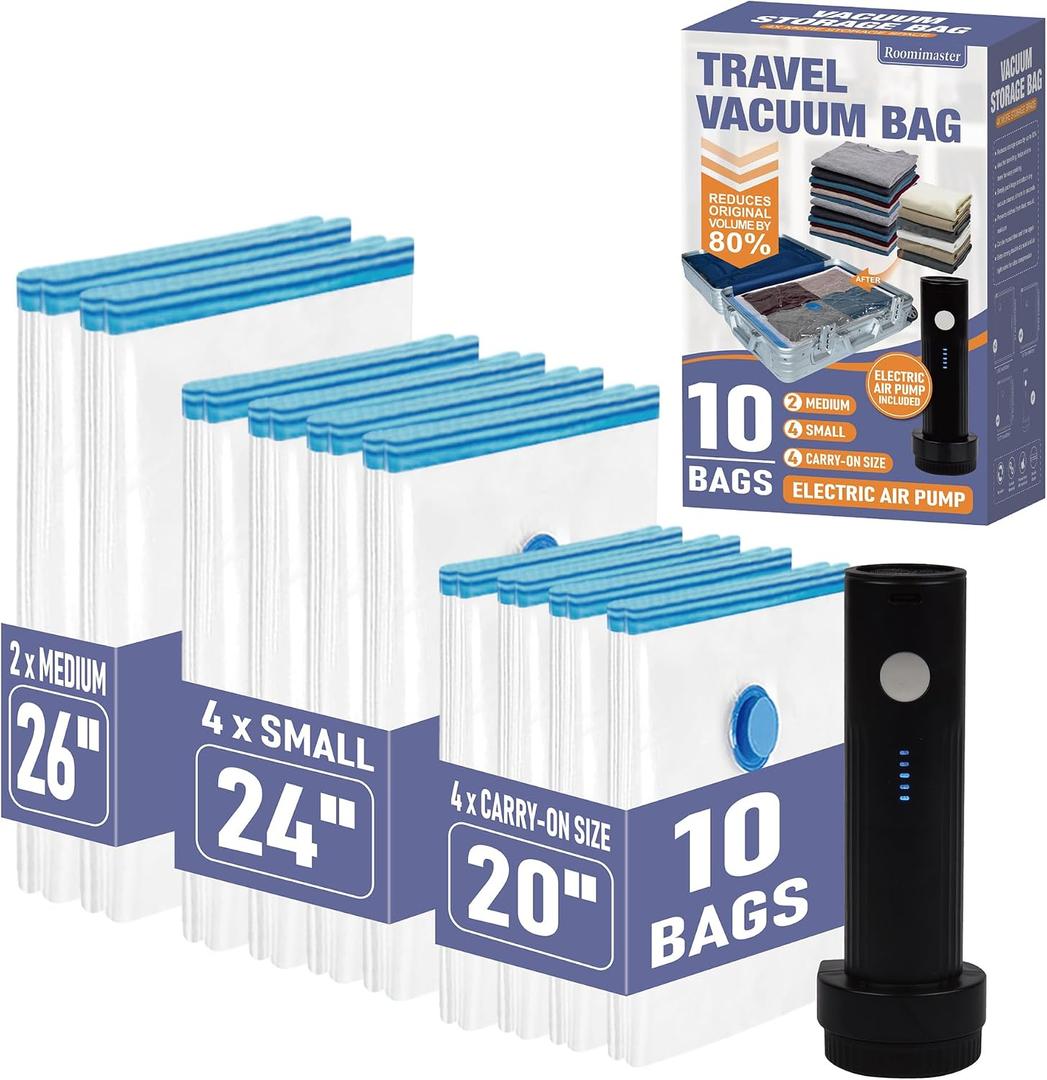 Travel Vacuum Storage Bags with Rechargeable USB Air Pump, Space Saver Vacuum Seal Bags for Luggage, Sealer Compression for Clothes, Comforters, Blankets, Bedding, 10 Combo, 10 Combo with Electric Pump