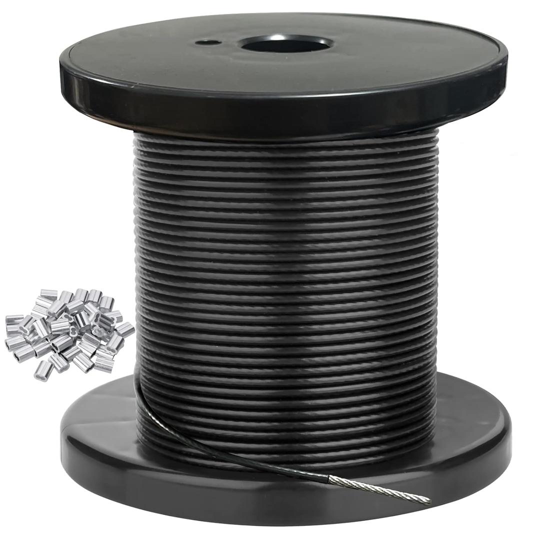 100Ft Black Vinyl Coated 304 Stainless Steel Wire Rope for Outdoor Light 2 mm Guide With 50 Pcs Alloy Sleeves