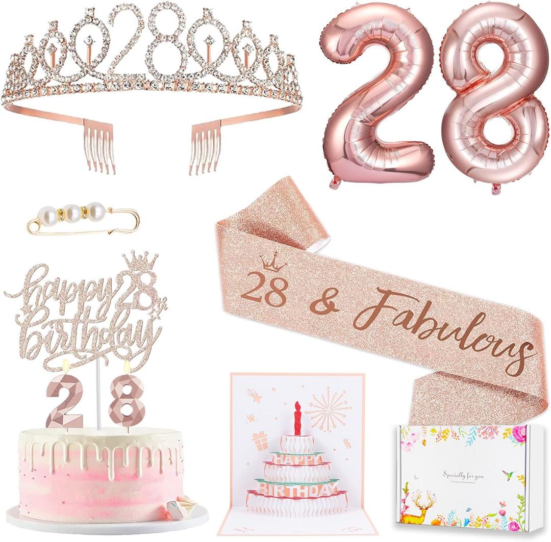 28th Birthday Decorations for Her Women, Including 28 year old Birthday Cake Topper, Birthday Queen Sash with Pearl Pin, Sweet Rhinestone Tiara Crown, Number Candles and Balloons Set, Rose Gold