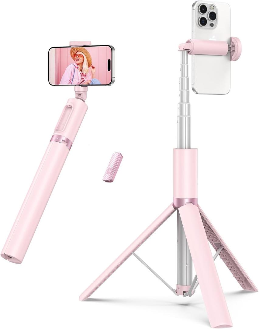 ATUMTEK 55" Selfie Stick Tripod, All-in-one Extendable Aluminum Phone Tripod with Rechargeable Bluetooth Remote for iPhone and More, Fitting 4.7-7 inch Smartphones, Pink