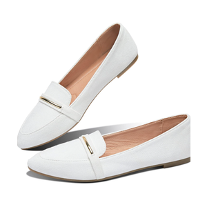 Obtaom Women's Pointy Toe Loafer Flat Comfortable Faux Suede Work Shoes,Cute Penny Loafer Slip On Ballet Flat, White, Size  8